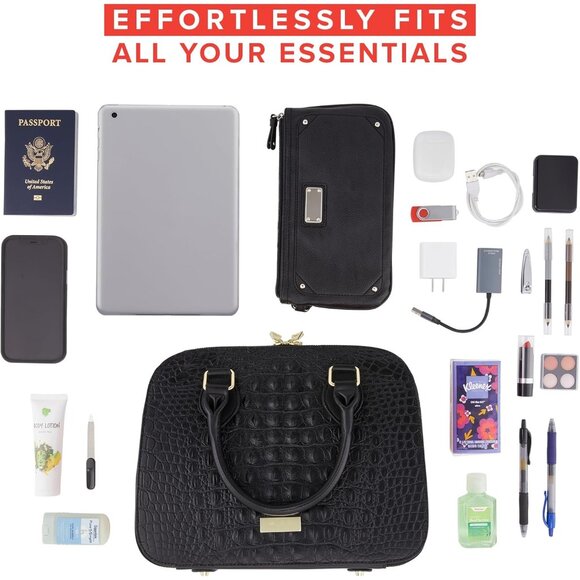 Black Vegan Leather Multi-Compartment Travel Tote Bag with Detachable Shoulder S - Picture 4 of 9